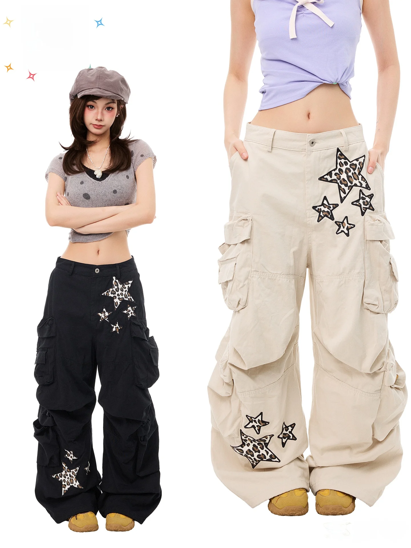 PBB American Retro Leopard Print Embroidery Loose Casual Pants Women's Wide Leg Cargo Trousers with Pockets High Waist Straig...