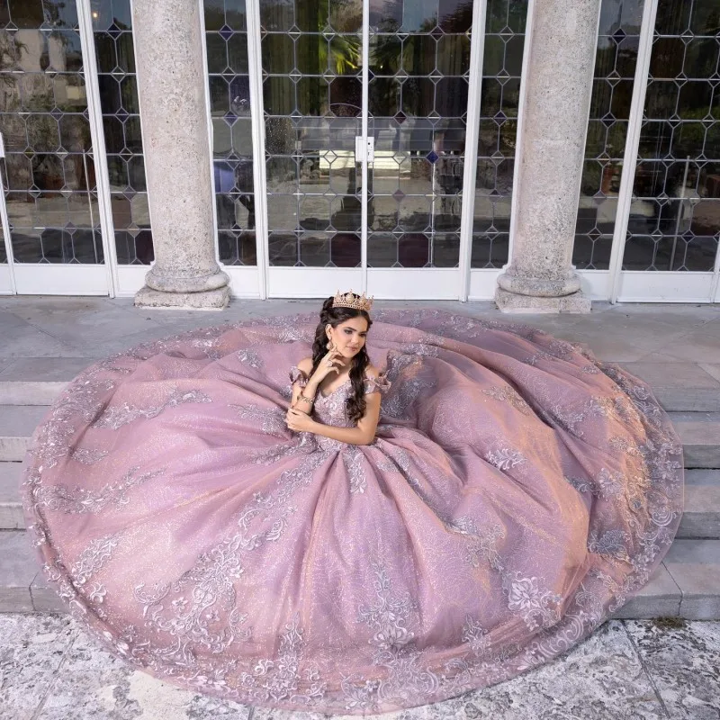 Lorencia quinceanera rosa brilhante vestido de baile do ombro, 16 doces, festa do XV anos, vestido mexicano, 2023, YQD433