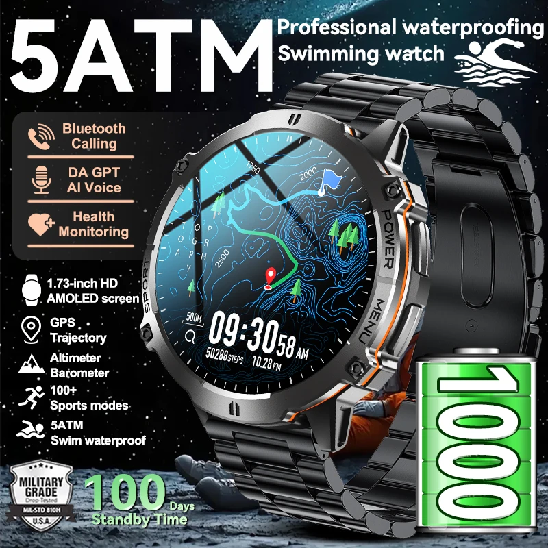 

Adult T-Rex 3 5ATM Waterproof Swim Smart Watch 1000mAh Large Battery GPS Compass Altimeter Bluetooth Call Men Sports Smartwatch