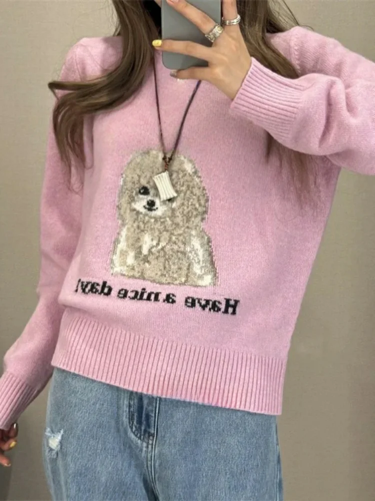   가을 겨울 여성 니트 스웨터 울 루즈핏 레터 패턴 강아지 프린트 따뜻한 보온 롱 스웨터 라운드 넥...