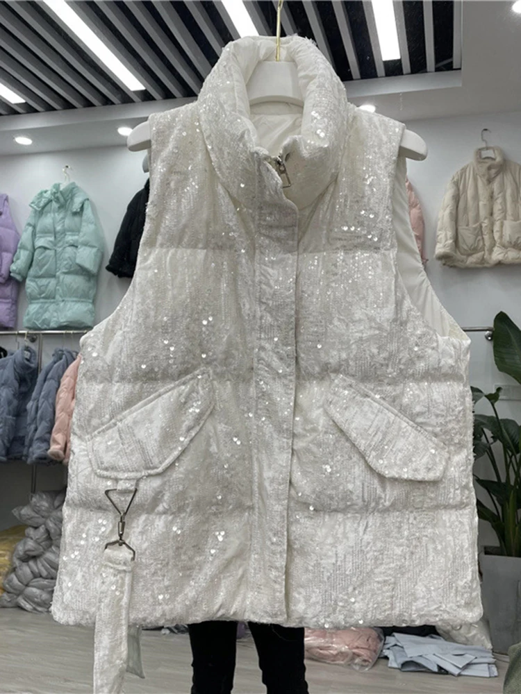 

Осень-зима, пуховый жилет с блестками и воротником-стойкой, женский жилет без рукавов на белом утином пуху, теплый стеганый жилет на молнии с карманом JJ1163