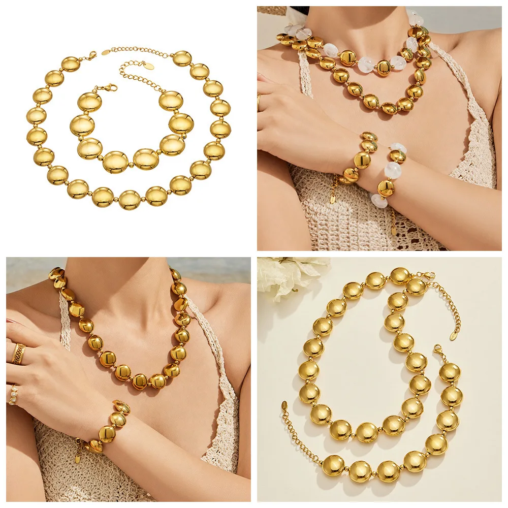 Chunky Runde Scheiben-Perlenkette und Armband, 18K Vergoldetes Edelstahl-Schmuckset für Damen – Detail 1