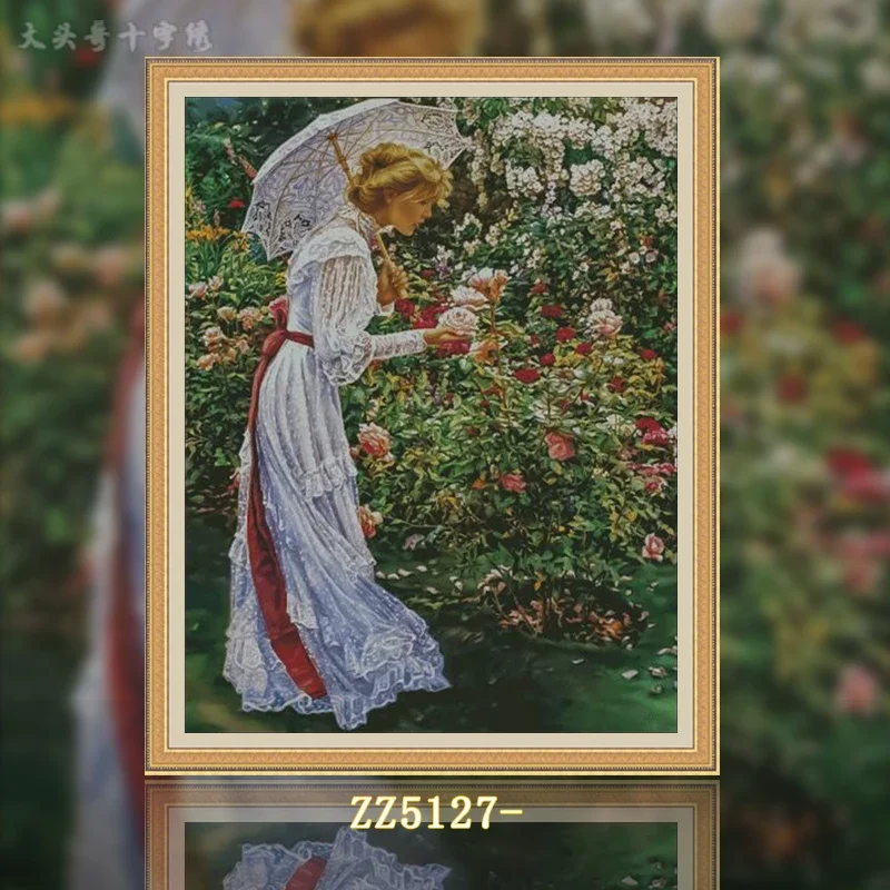 [ZZ5127-Oil painting smelling woman] Stamped Cross Stitch Kit 14/16CT Pre Printed Canvas Cotton Thread DIY Embroidery Wall Decor