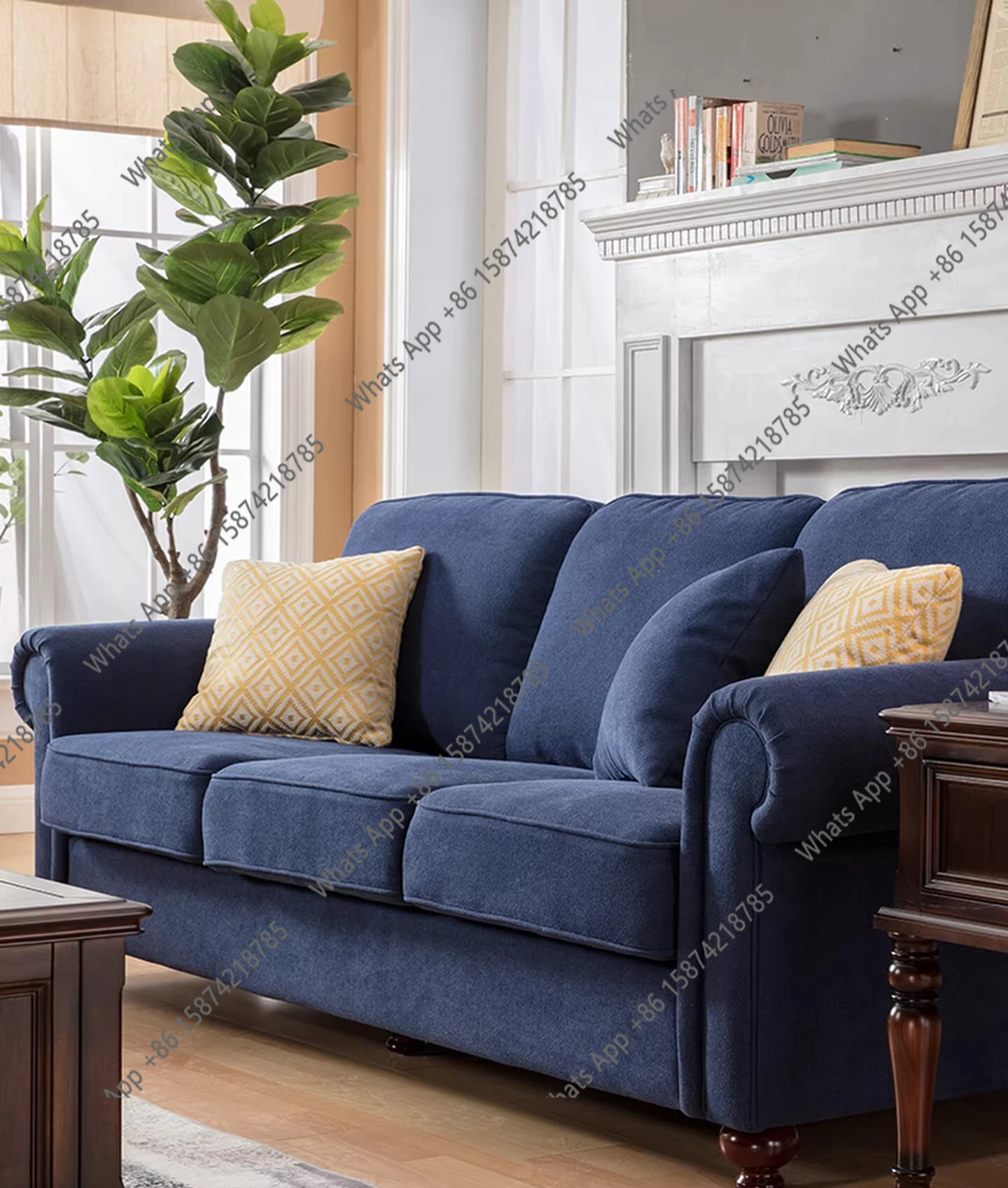 American fabric sofa combination sapphire blue dark blue flannel three-person small apartment Nordic living room