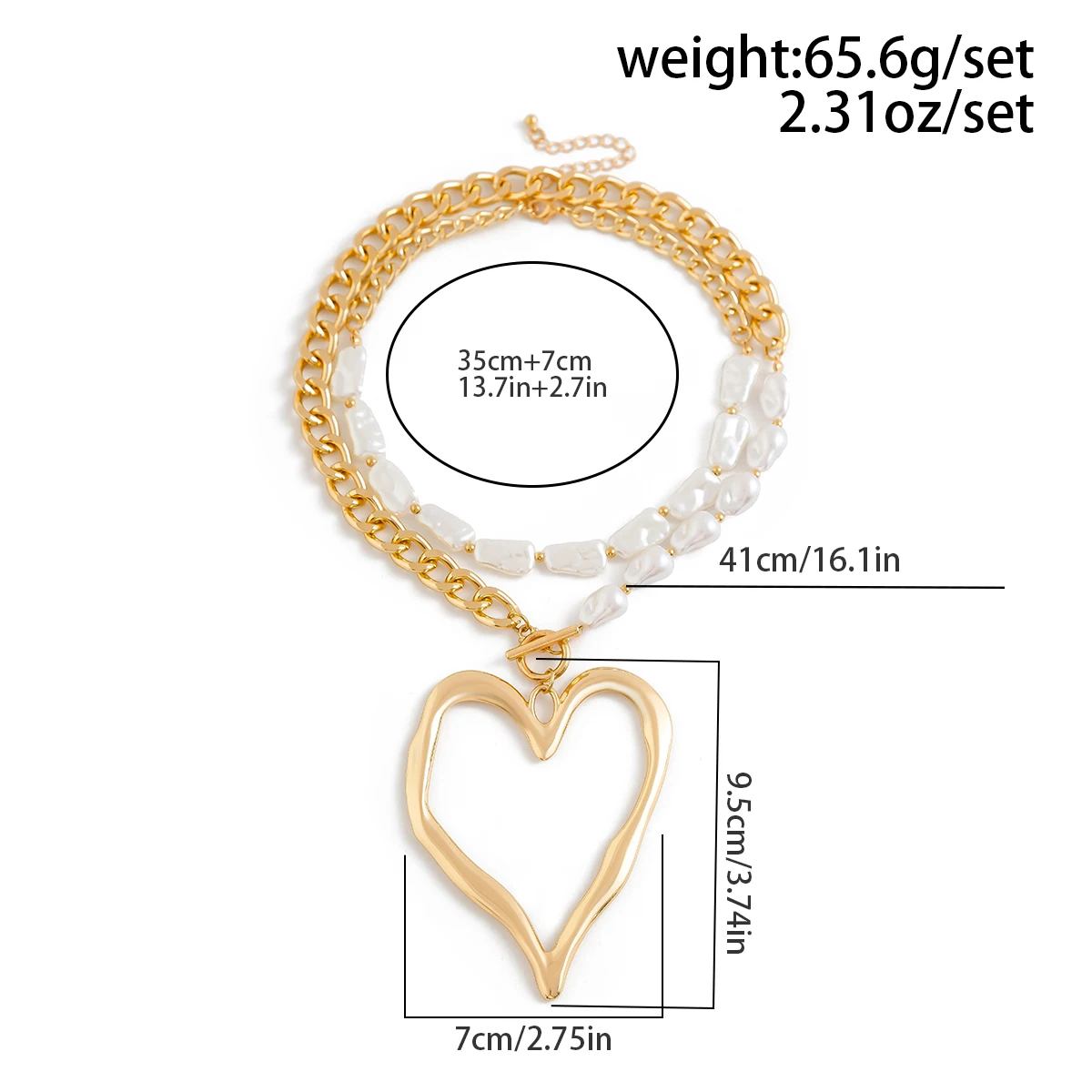Ingemark 2Pcs/Set Exaggerated Big Love Heart Pendant Choker Nekclace for Women Wed Bridal Goth Imitation Pearl Chain Y2K Jewelry