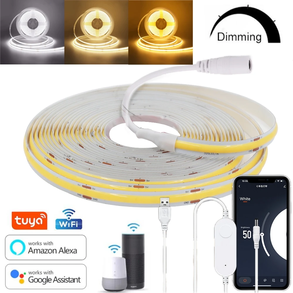 Tuya Smart Life WiFi USB 5V COB LED Strip Lights 320LEDs/M Dimmable Tape Ribbon RA90 Limear Lighting Work With Alexa Google Home