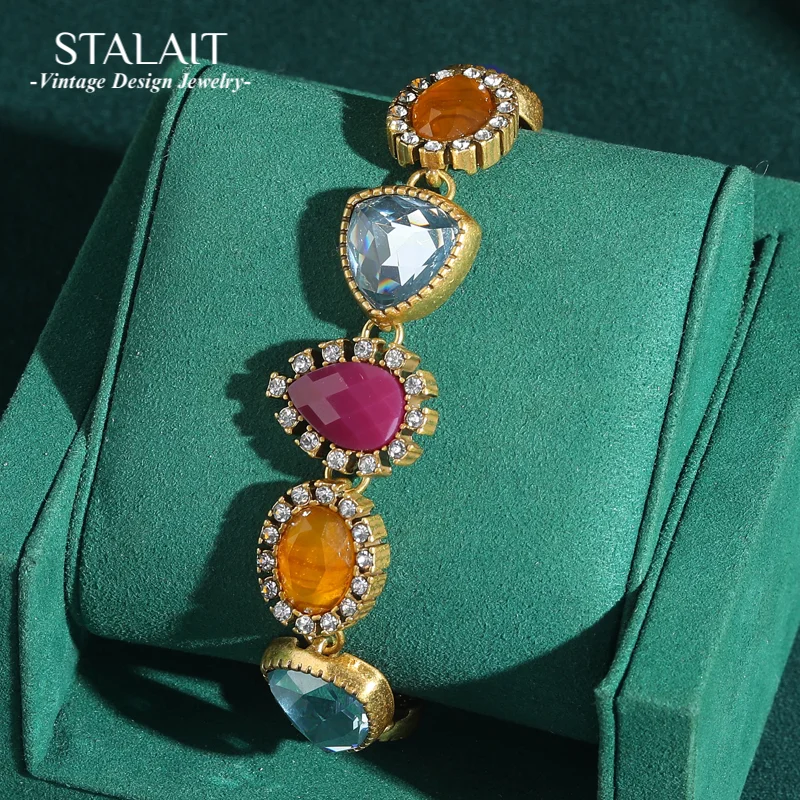 

Vintage Natural Stone Blue Orange Bracelet Water Droplet Crystal Gold Color Rhinestone Zircon Luxury Brands Woman Jewelry New