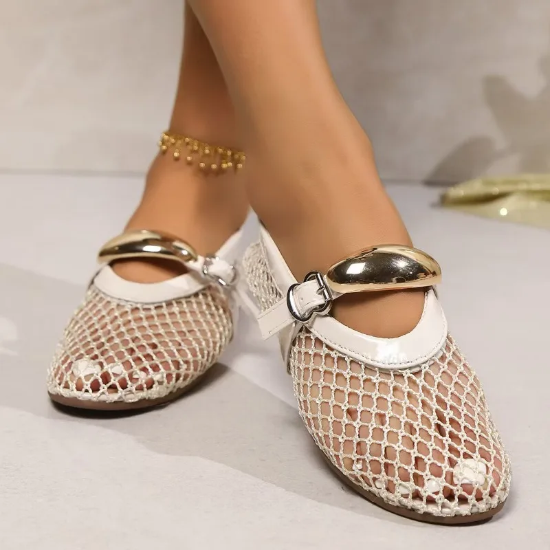 Damen Mesh Ballerinas Fishnet Ballerinas Schnallenriemen Slip on Ballerina Schuhe Round Toe Ballettschuhe für Outdoor-Sandalen