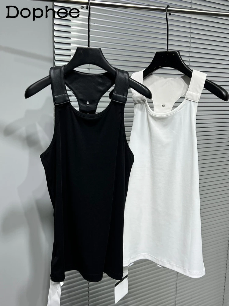 

2025 Men's Summer New Trendy Men's Personalized Splicing Leather Buckle Elastic Sleeveless Vests Fashion Solid Color Tank Tops