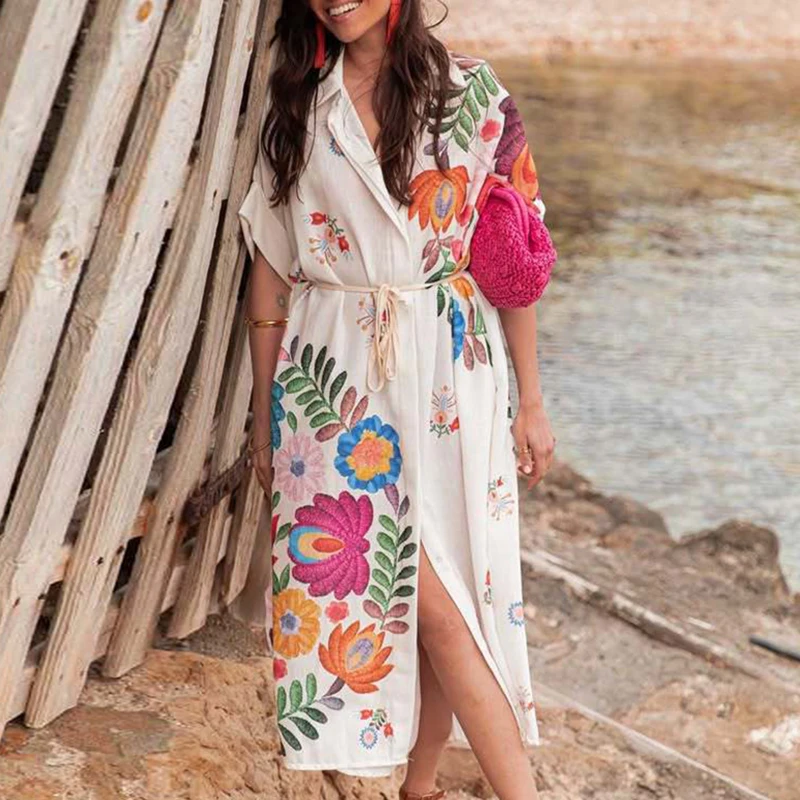 Casual korte mouw split bohemien jurk vintage patroon print losse shirtjurk dames elegante revers enkele rij knopen lange jurk