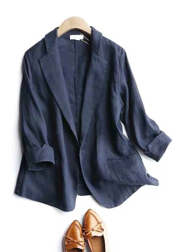Fashion Woman Blazer 2024 Summer Cotton Linen 100% Suit Jacket White Solid Casual Button Single Breasted Female X1102
