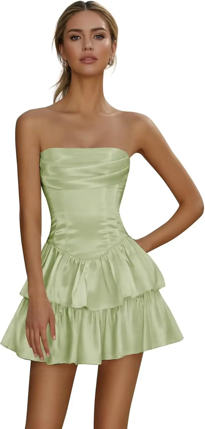 

Платья для встречи выпускников без бретелек Короткие многоуровневые атласные вечерние платья с оборками и бретелями Коктейльное мини-платье Выпускное платье