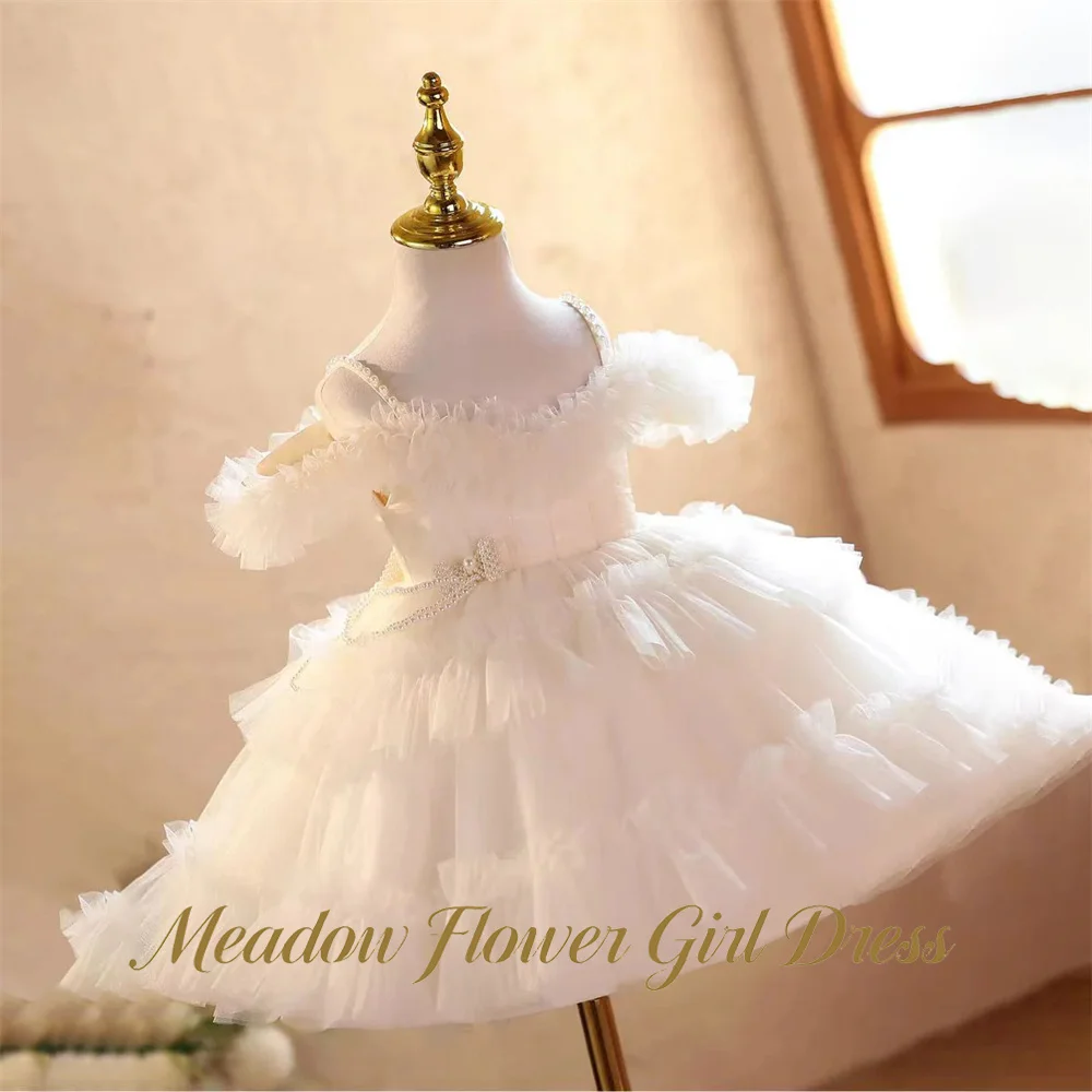 Meadow Spaghetti Strap Flower Girl Dress Off the Shoulder Kids Birthday Party Dress with Pearls Ball Gown Party Tutu Dresses