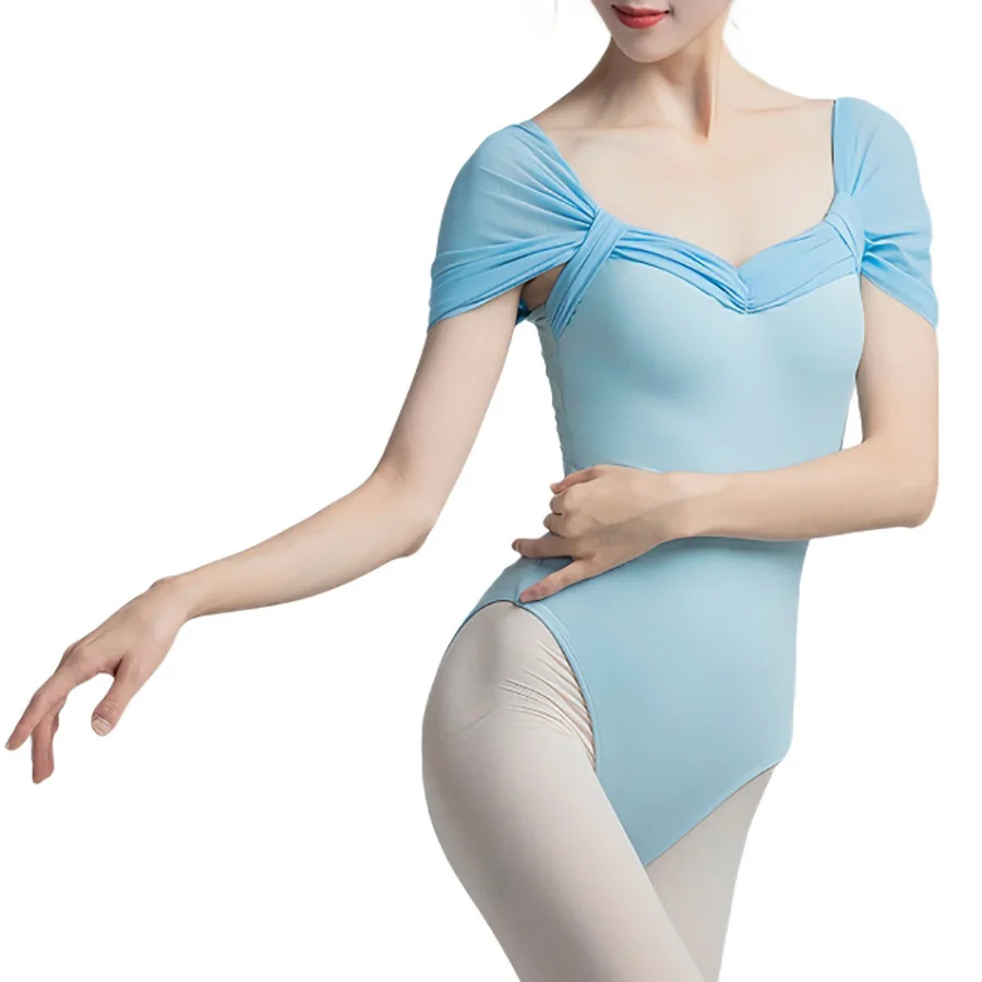 

Women's Off Shoulder Ballet Leotard with Mesh Short Sleeve, Square Neck Dance Gymnastics Bodysuit for Training