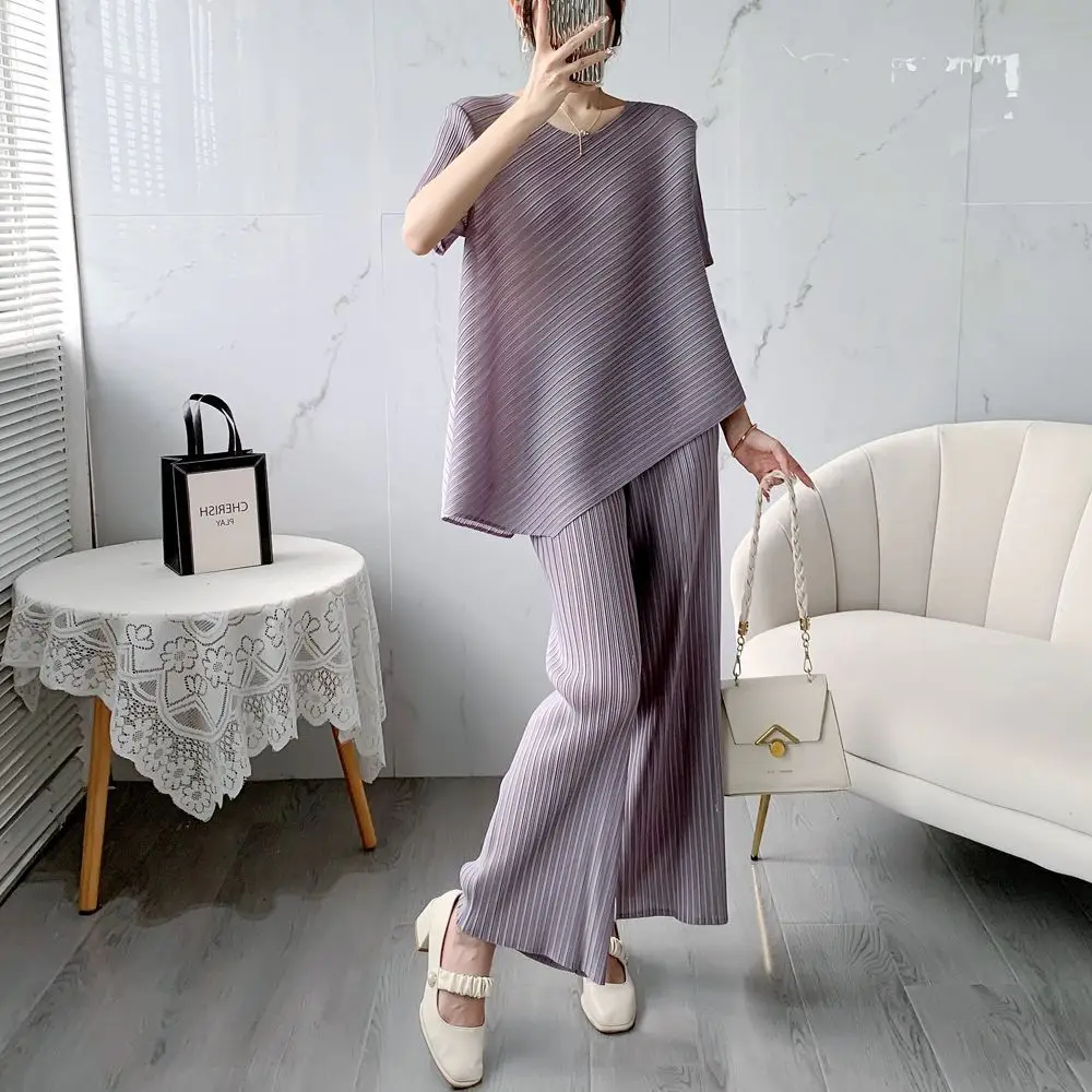

Miyake Pleated Summer Fashion Pleat Women's Pleated Pants Set Irregular Top Loose Comfortable Wide Leg Pants Two-piece Set