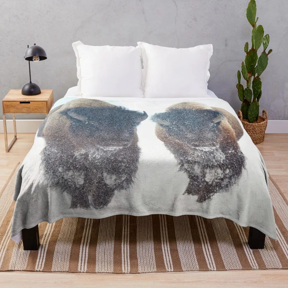 

American Bisons Travel Through a Winter Snowstorm Throw Blanket Soft Plush Plaid Flannel Fabric Blankets