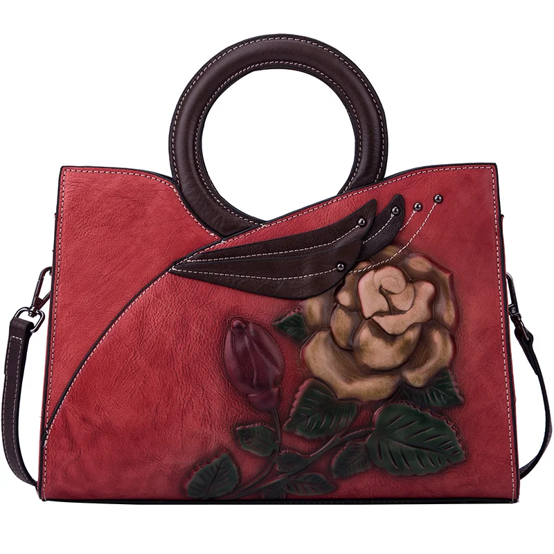 Motaora Women's Bag New Luxury Women Genuine Leather Handbag Retro Floral Handmade Shoulder Bag For Female Fashion Messenger Bag