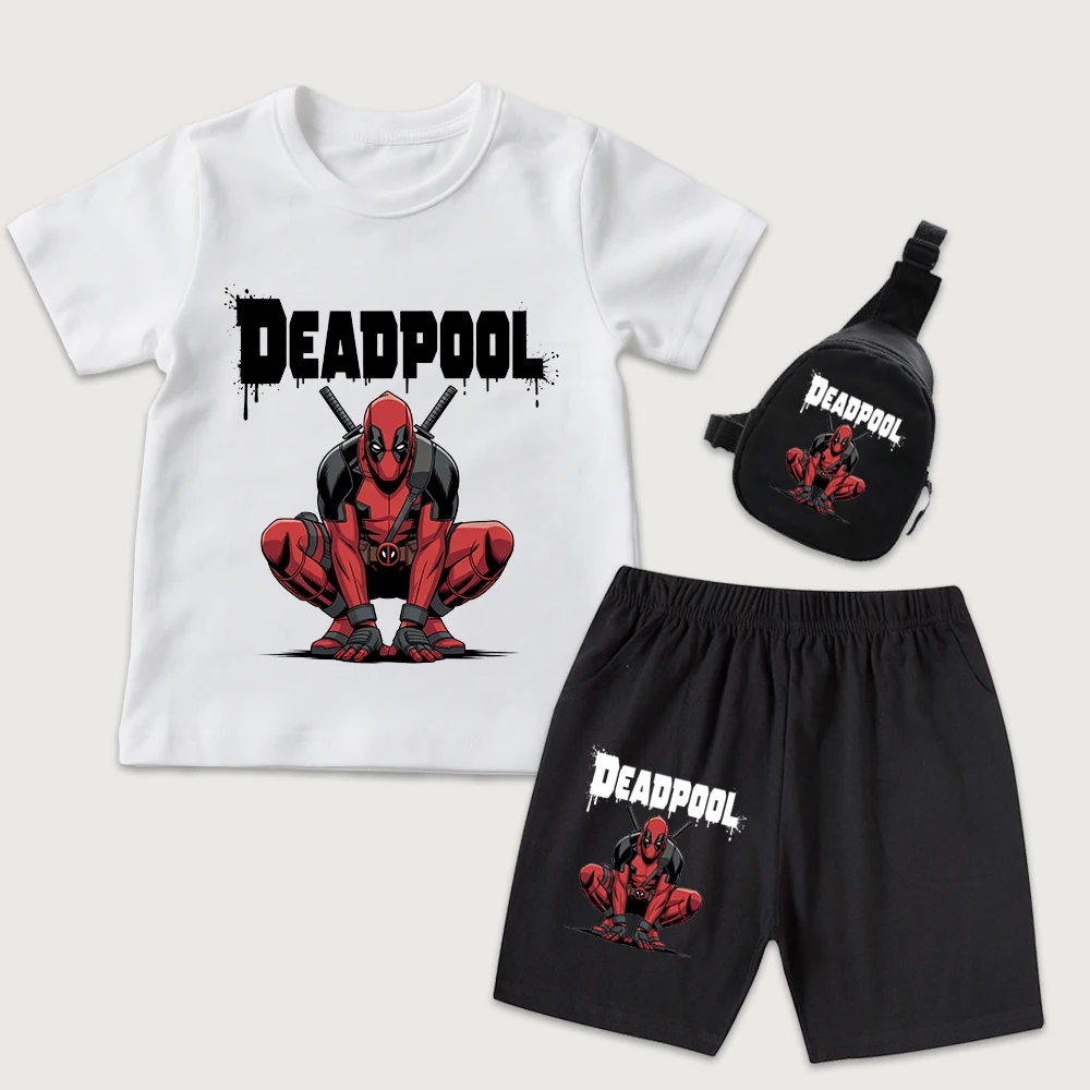 

Детский комплект из хлопковой футболки и шорт с принтом Deadpool и мини-сумкой на грудь, 3 предмета, для мальчиков и девочек, летний наряд