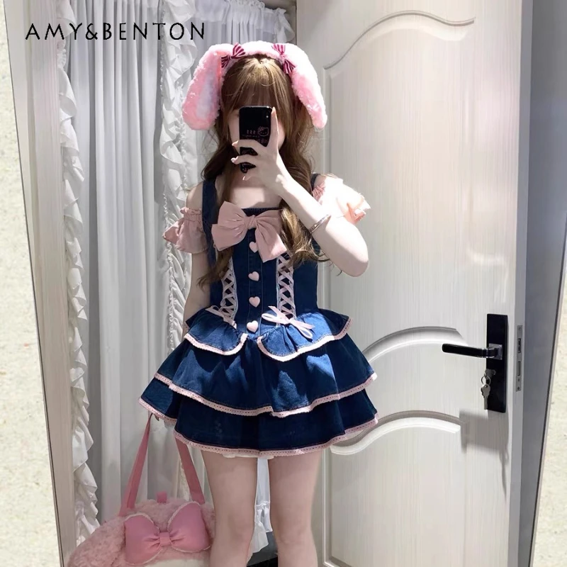 

Japanese 2025 Summer New Pink Blue Splicing Women's Dress Original Design Hot Girl Sweet Cool Bowknot Denim Puff Dresses Ladies