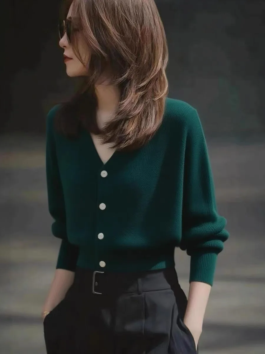 

Женский вязаный кардиган с V-образным вырезом, облегающий топ для поездок на работу, модный осенний сезон, дышащая длинная пуговица све