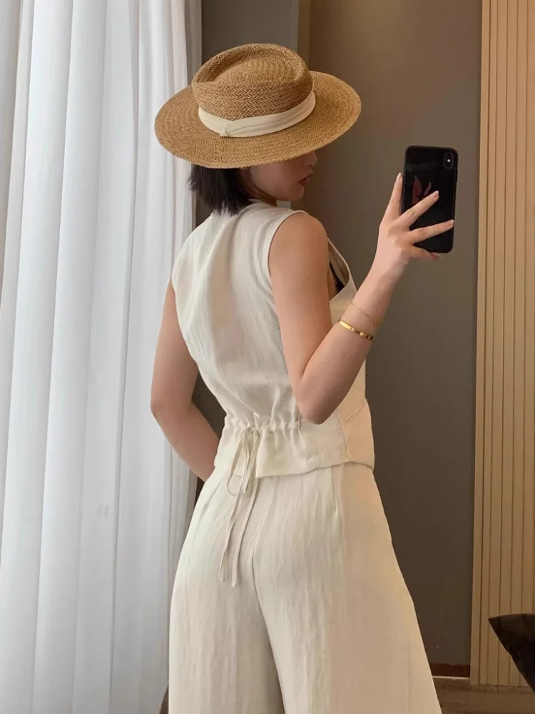 Casual Solid Color Blouse Pants Women V-neck Sleeveless Single Breasted Lace Up Tops Wide Leg Trousers 2025 New Street Outfits