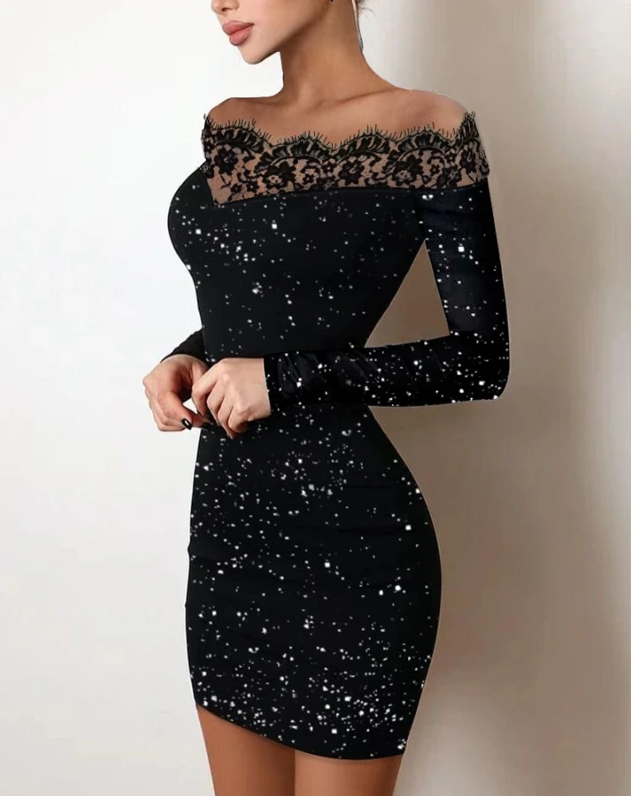 Summer Fashion New Off The Shoulder Contrast Lace Glitter Tight Dresses Scattered Silver Bag Hip Dresses Lace Women