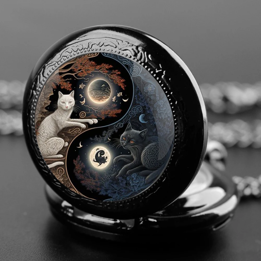 Yin-Yang Cats Design Glass Dome Quartz Pocket Watch With Durable Chain Arabic Numeral Dial For Men And Women Creative Gifts