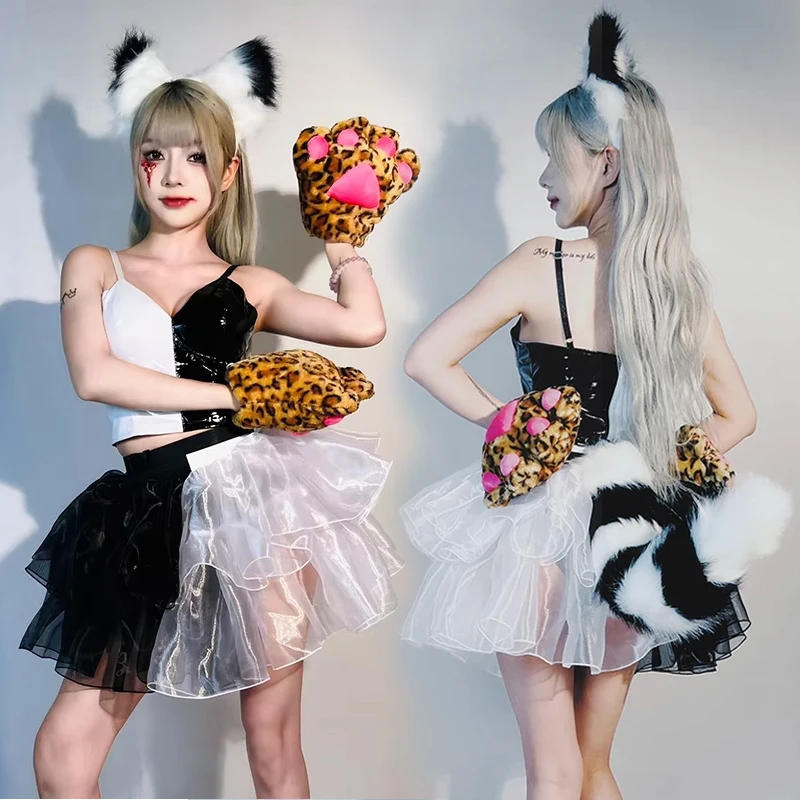 Halloween Kostüme Gogo Party Show Outfit Schwarz Weiß Bühnenanzug Netzrock Festival Rave Kleidung Cosplay VDL1988