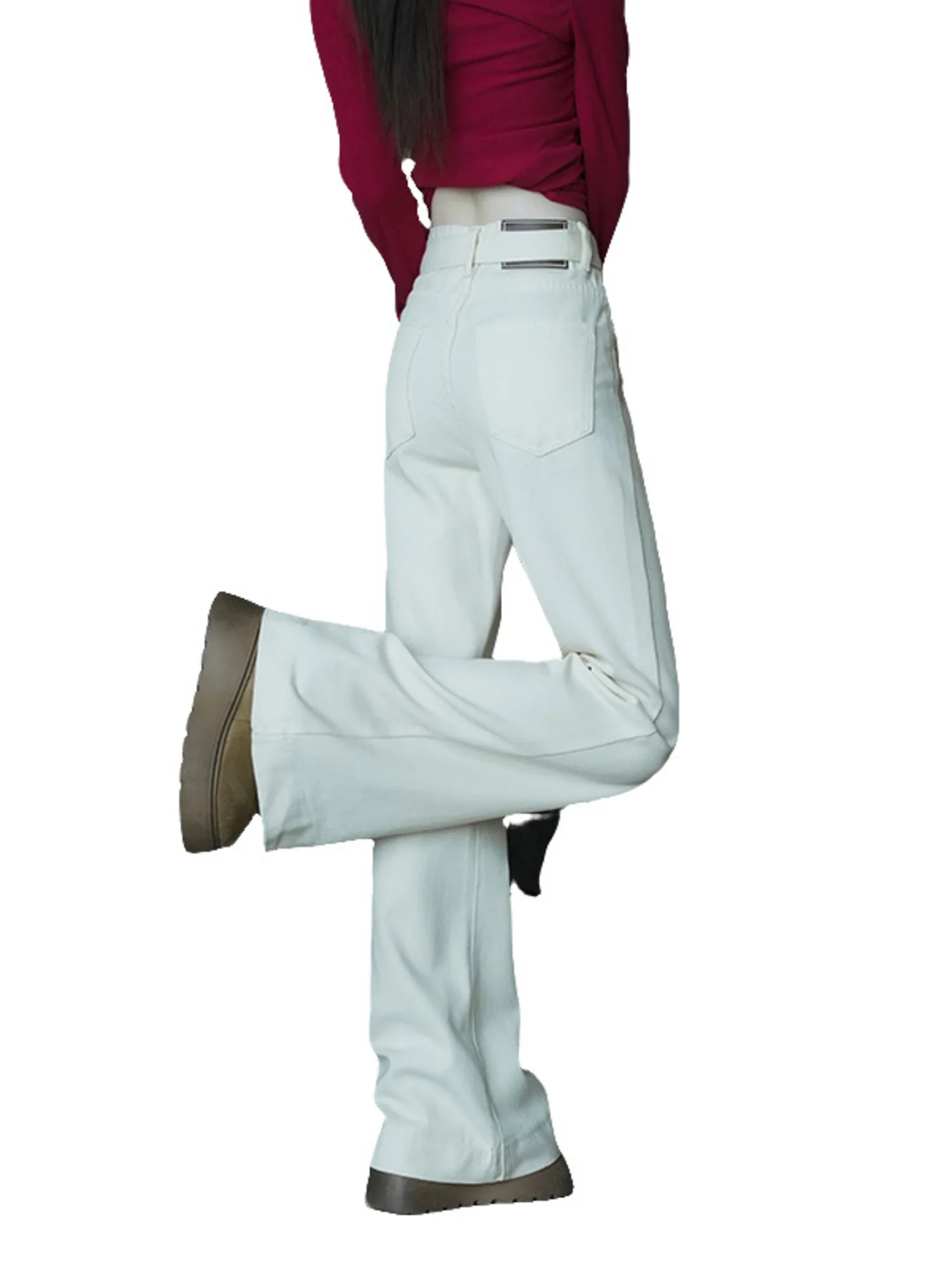 

Women's High Waist Wide Leg Jeans Cream White Straight Leg Denim Pants Metallic Waistband Detail