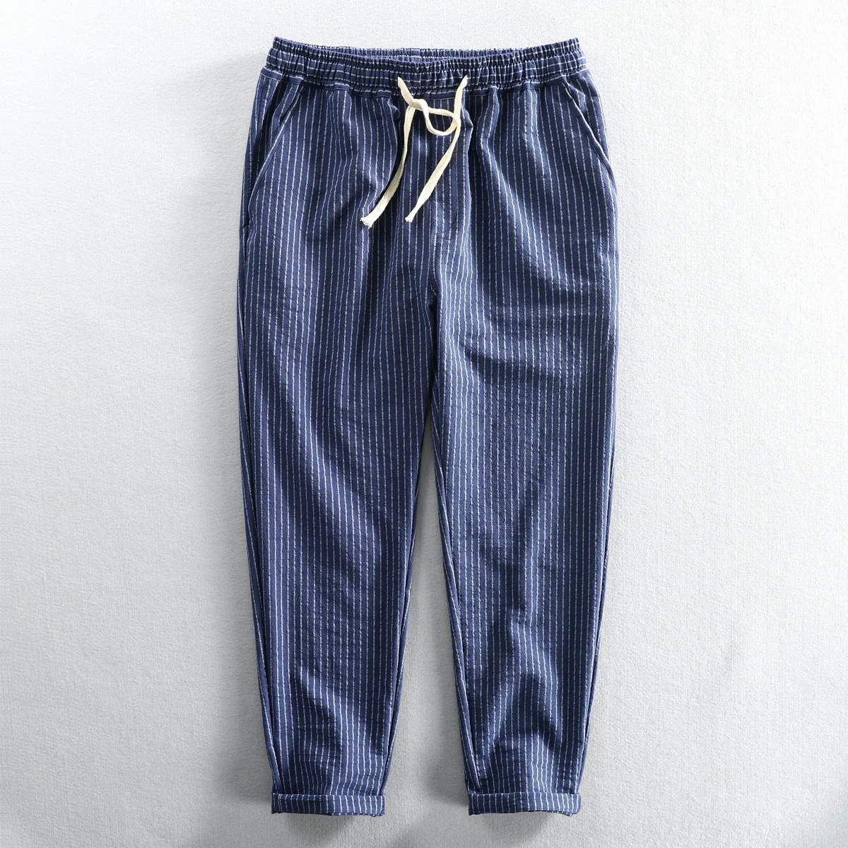 Ankle Length Linen Mens Pants Korean Clothes Summer Thin Casual Harem Pants Men Striped Trousers Pants For Men Vintage