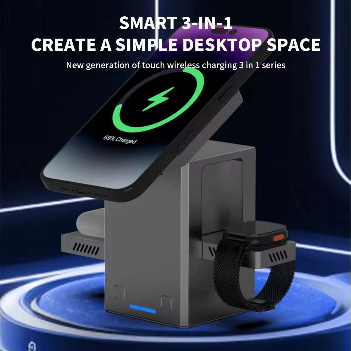 

Touch Storage Multi Functional 3-in-1 Mobile Wireless Charger 15W Suitable for Apple Android Phones, Watches, Headphones
