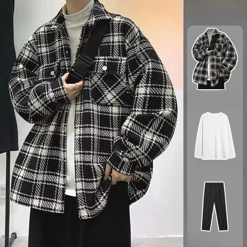 Men Spring Autumn Plaid Jacket 3 Piece Set Loose Trendy Bad Boy Style Black White Checkered Outfit