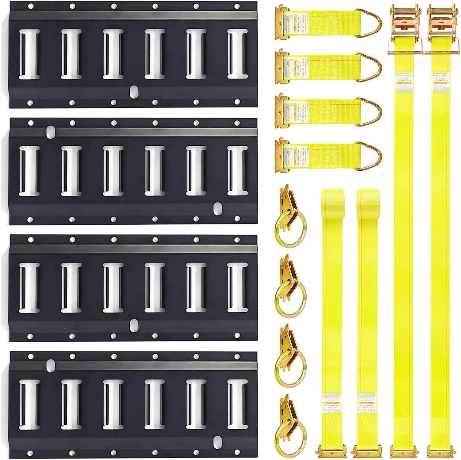 

Комплект креплений E-Track с 4 направляющими, O-образными кольцами, веревочными стяжками и ремнями с храповым механизмом для фиксации грузов в грузовиках