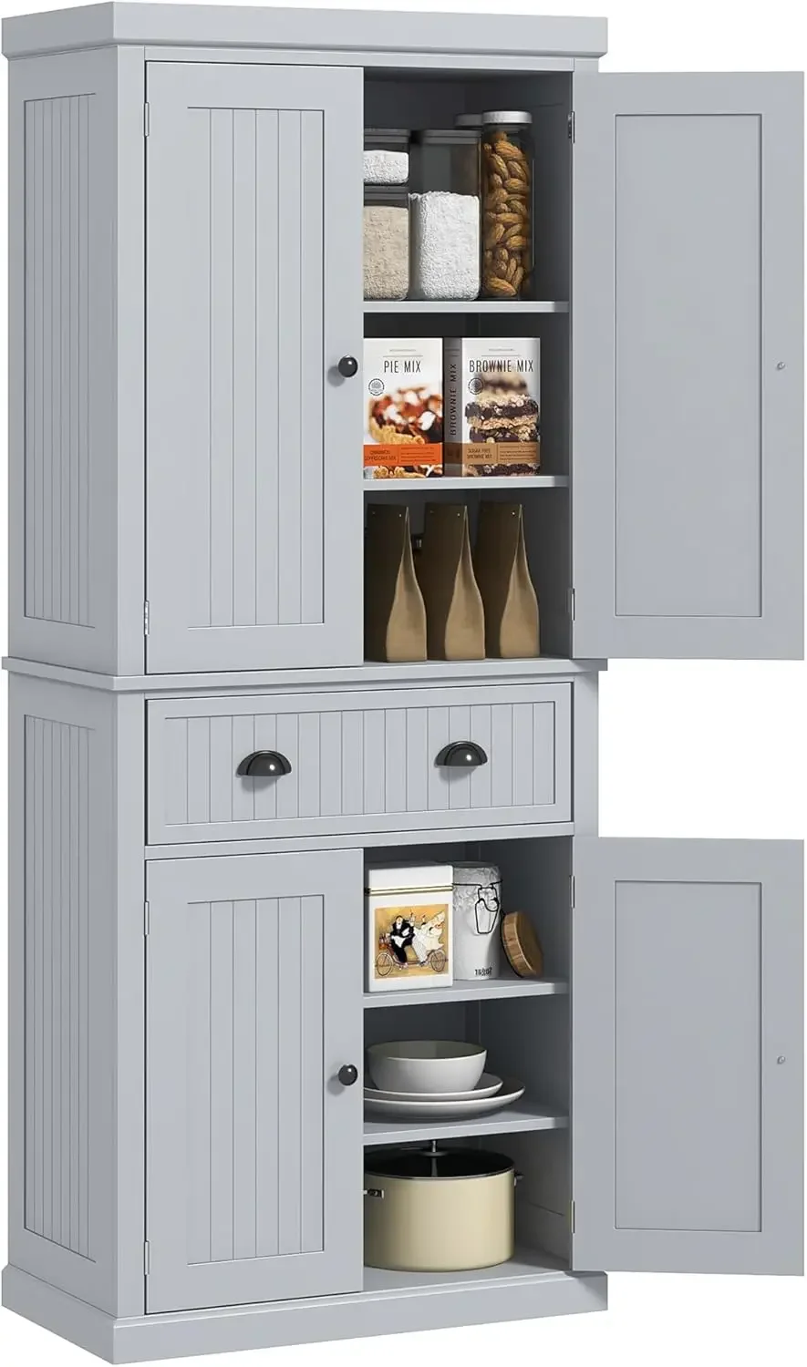 

Traditional Kitchen Cabinet with 4 Doors, Drawer and 3 Adjustable Shelves for Dining Room, Gray