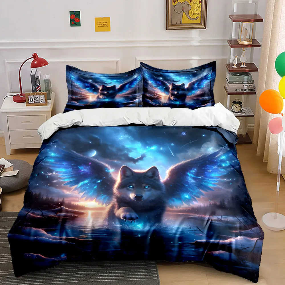 

Wolf with Glowing Blue Wings in Water Bedding Set for Kids Luxury Gift 3pcs Digital Print Comforter Set Soft Comfortable