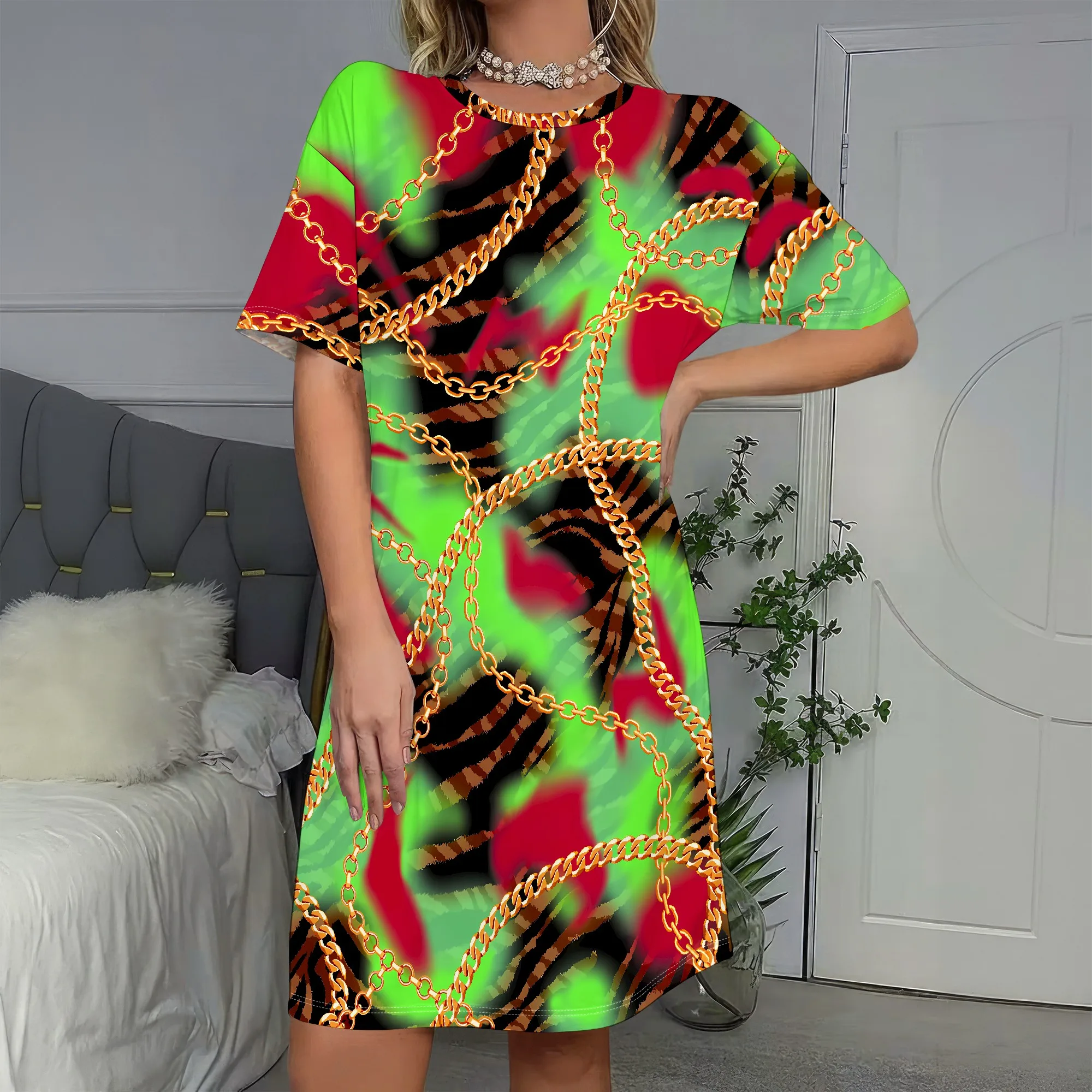 

Bold Chain Print, Short Sleeve Dress, Tie-Dye Pattern, Fashion Streetwear, Summer Casual Wear, S-2XL