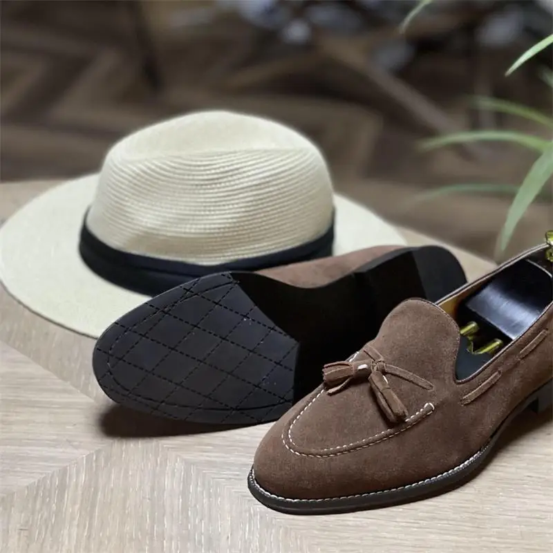 Men Classic Loafers Handmade Cow Suede Solid Color Round Head Tassel Slip-on Fashion Business Casual Party Daily Men Shoes AC022