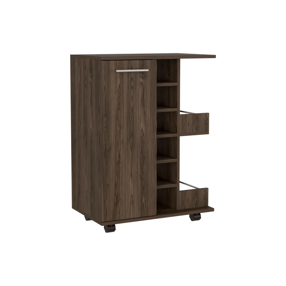 Bar Cart Four Casters Single Door Cabinet Two External Shelves Dark Walnut