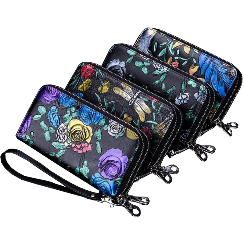 western-rfid-blocking-rose-embossed-genuine-leather-women-wallet-large-capacity-double-zipper-coin-purse-for-ladies