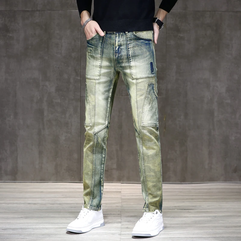 Retro Distressed Motorcycle Jeans Męskie wysokiej klasy małe proste modne na cały mecz Slim Stretch Casual Street Trousers