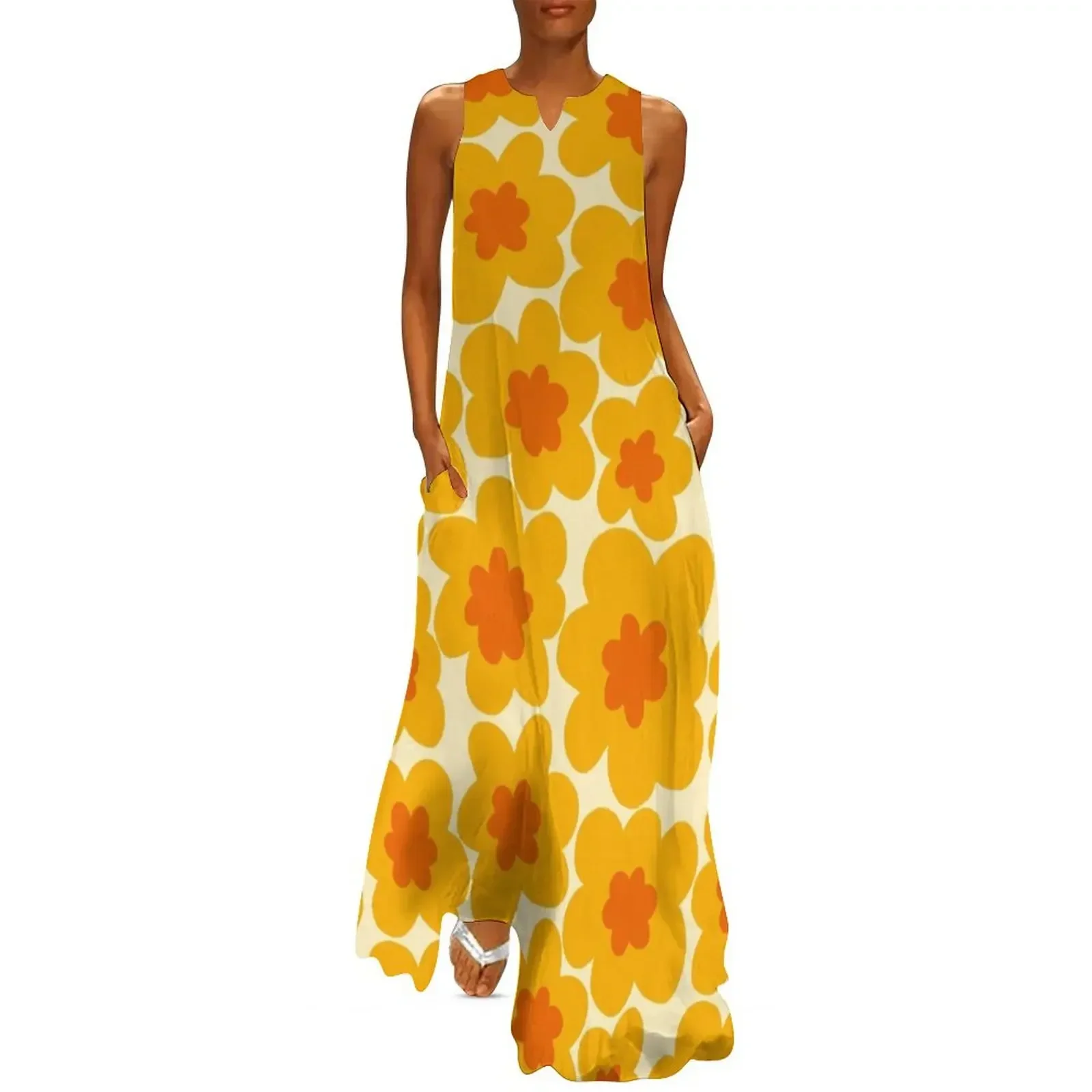 

70s retro hippie flowers in yellow and orange Long Dress cute dress Dress