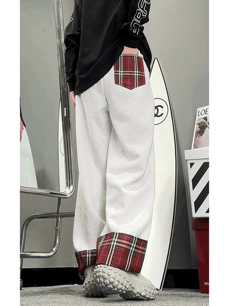 

American Plaid Cuffed Pants Heavy Design Casual Sweatpants Men's Trendy Straight Leg Long Pants Autumn Season Versatile Faion