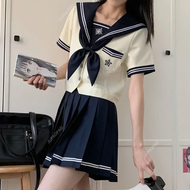 Simpatico studente Union JK Uniforme in stile marinaio Gonna corta blu Gonna corta a maniche lunghe Set cravatta blu mare per ragazze giovani