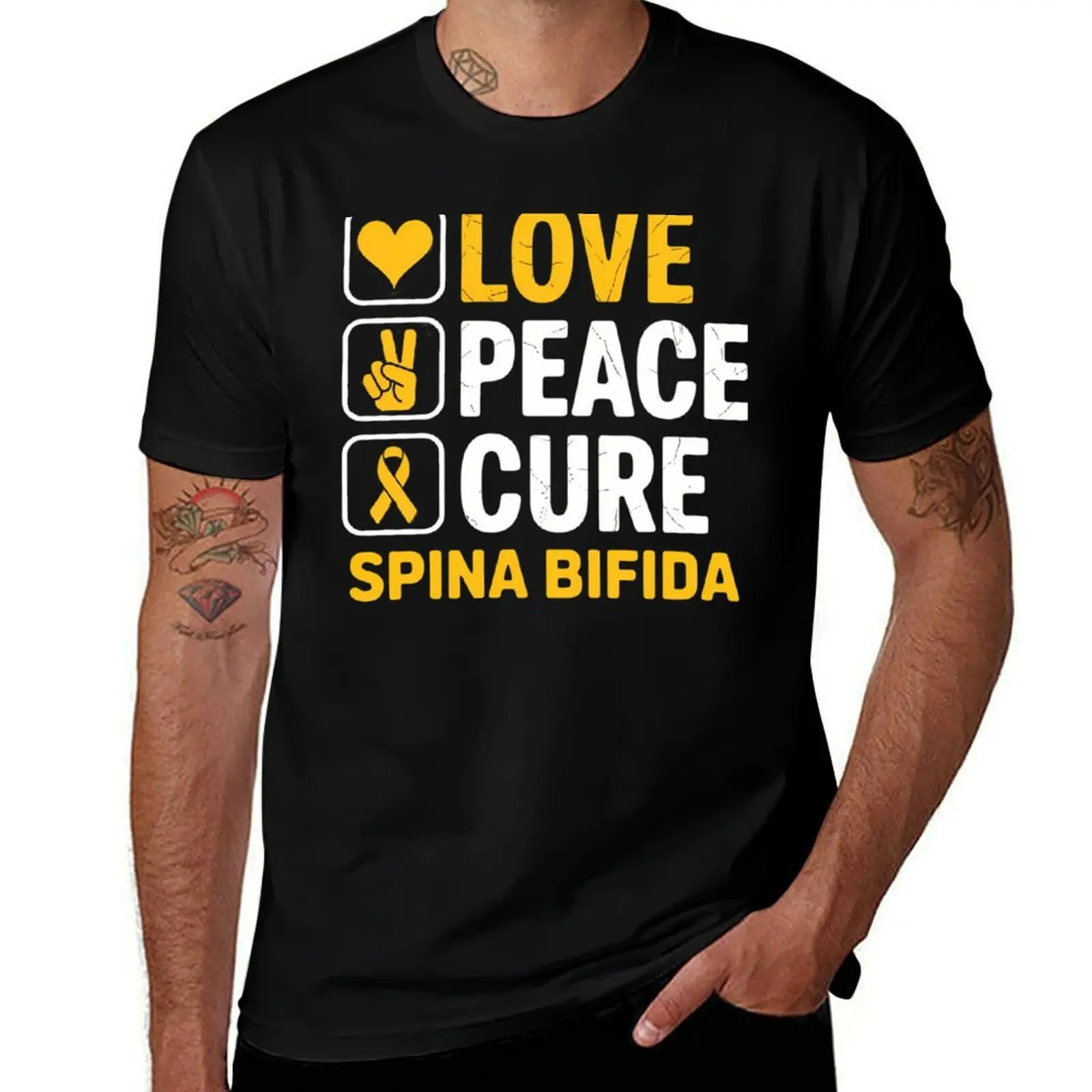 Желтая футболка Spina Bifida Awareness Love Peace Cure, новые подарки и футболки, наряды для мужчин Желтая футболка Spina Bifida Awareness Love Peace Cure, новые подарки и футболки, наряды для мужчин