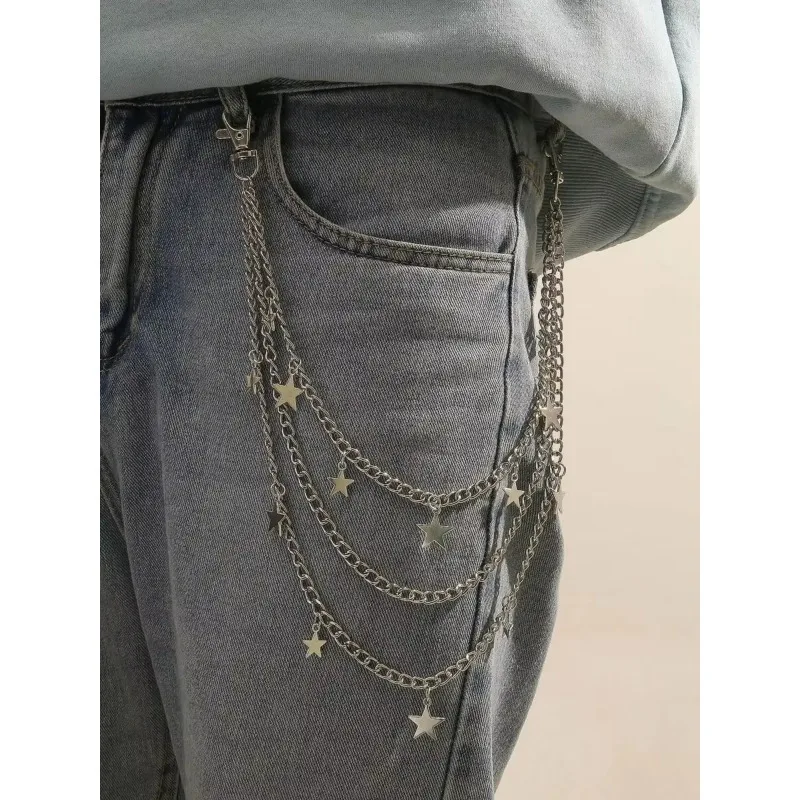 Men Star Charm Y2K Layered Jeans Pant Chain Street Style Hip Hop Decorative Waist Belt Daily Wear Accessory