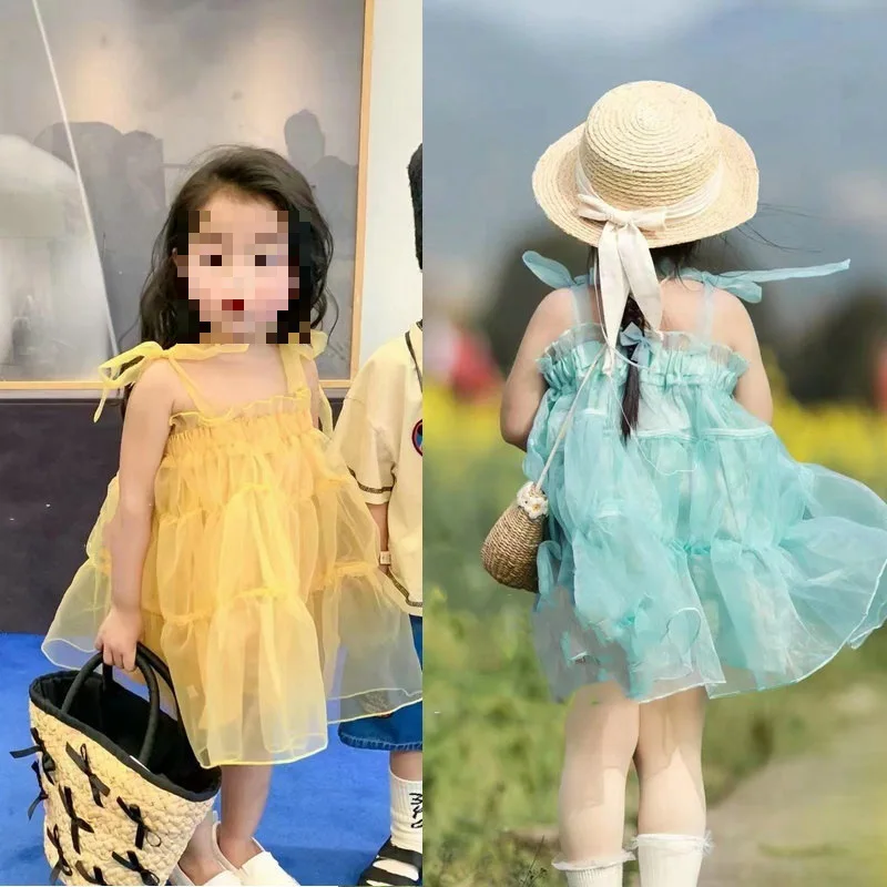 Girls' Dress Strap Mesh Dress Princess Dress25Summer New Foreign Trade Children's Wear Delivery3-8Years Old