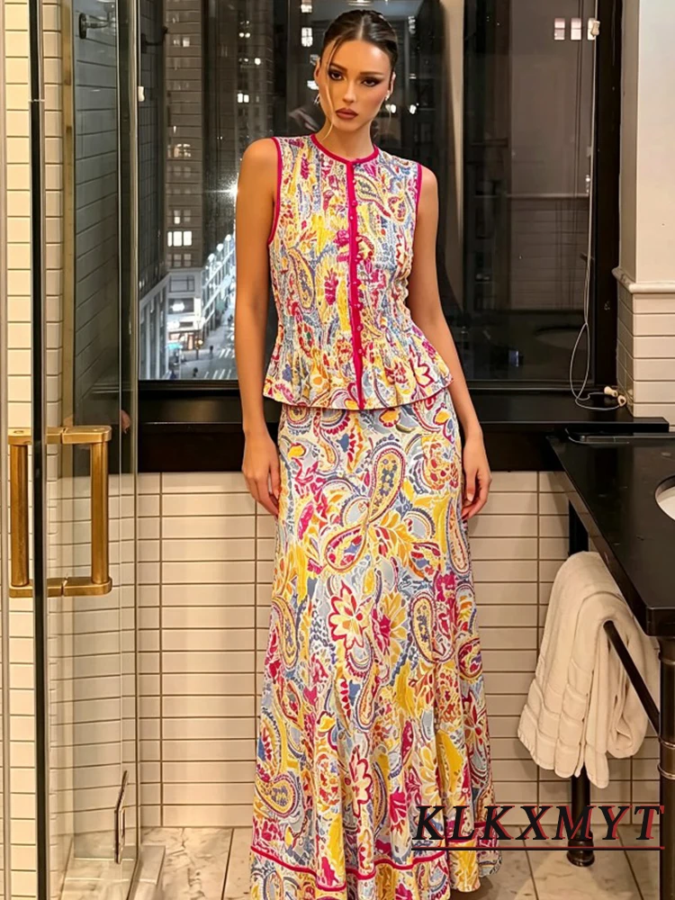 Women Fashion Flower Print Hollowed-Out Sets Sexy Sleeveless O-Neck Button Slim Top+Long Skirts Summer Vacation New 2 Pieces image 5