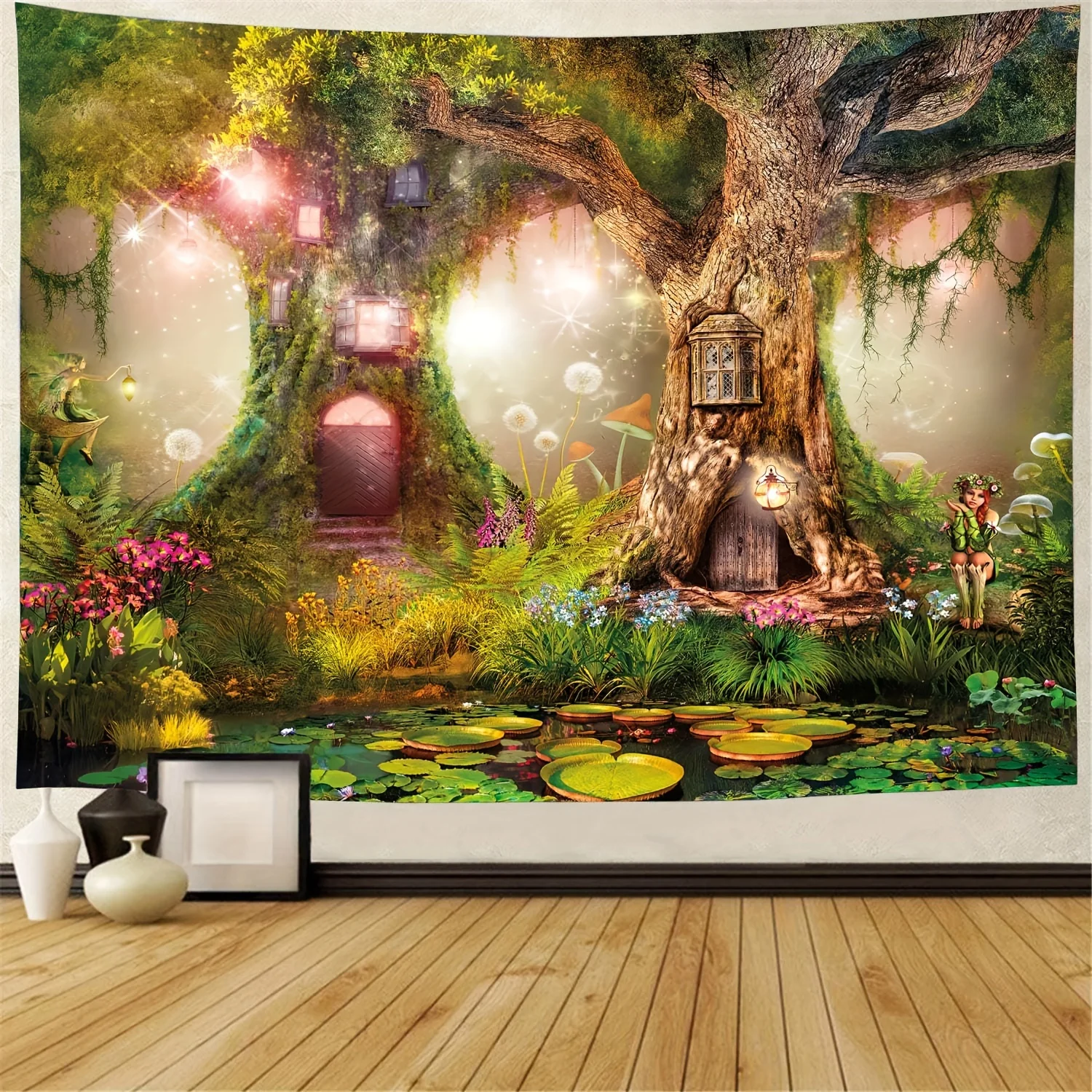 VIKAMA Fairy Forest Märchen Wandteppich Baumhaus Kinderzimmer Magic Corner Thema Fantasy Wohnzimmer Dekor