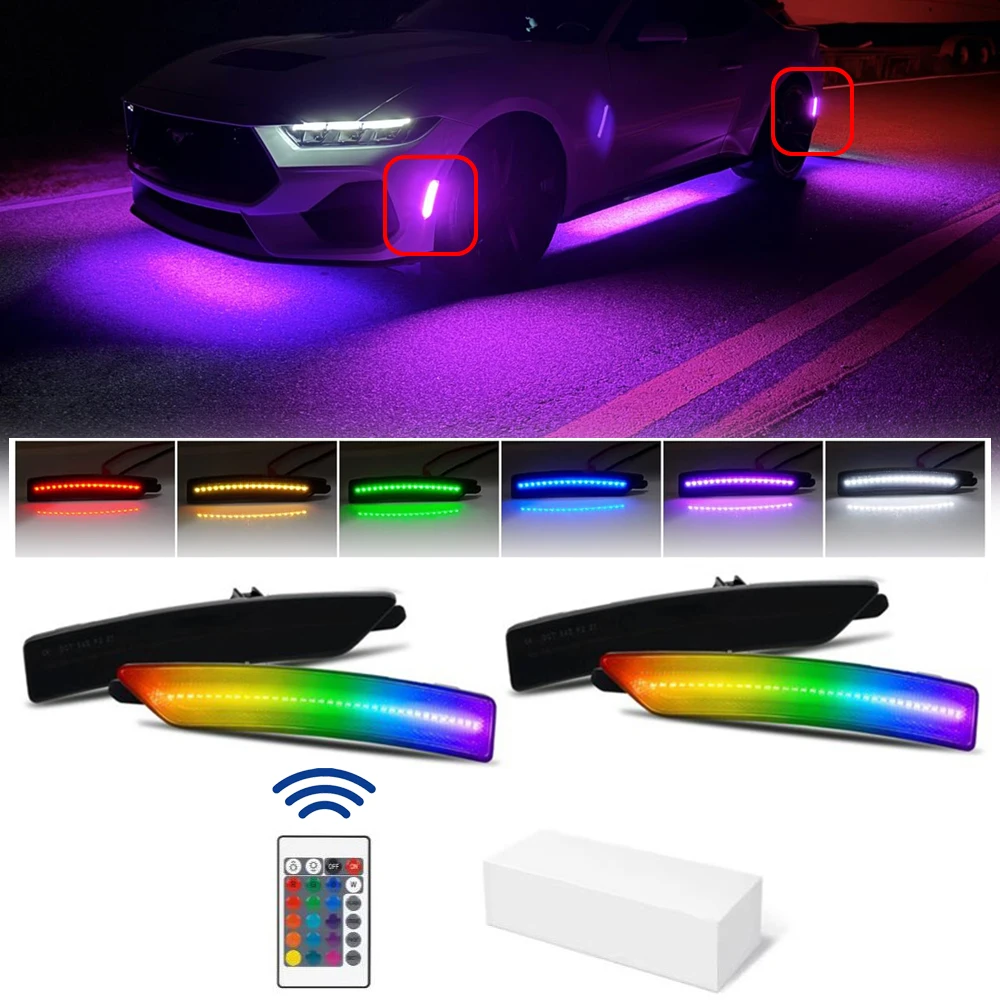 

For Ford Mustang 2024- S650 Gen7 Moving RGB LED Front Rear Side Marker Fender Light Smoke Lens Multi-Color Indicator