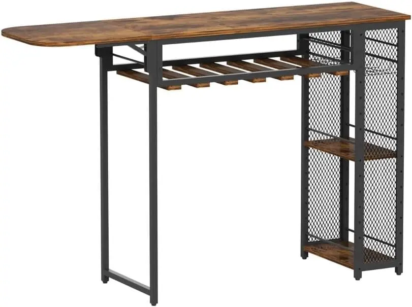 Bar Table with Wine Rack & Built-in Cup Holder - Space-Saving Extendable Design Multi-Functional Organizer for Drinks, Decor &